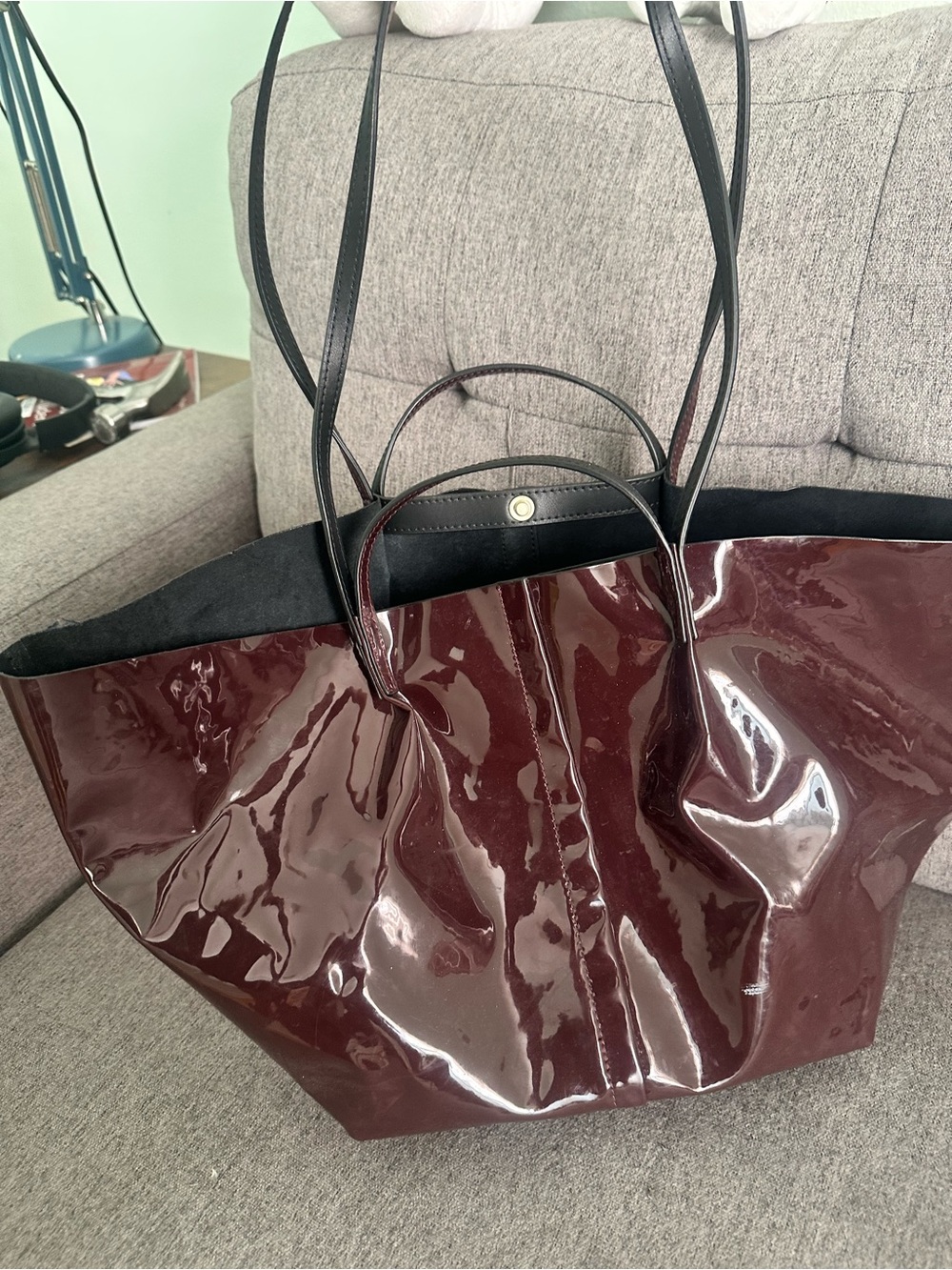 All saints Odette tote in patent leather burgundy